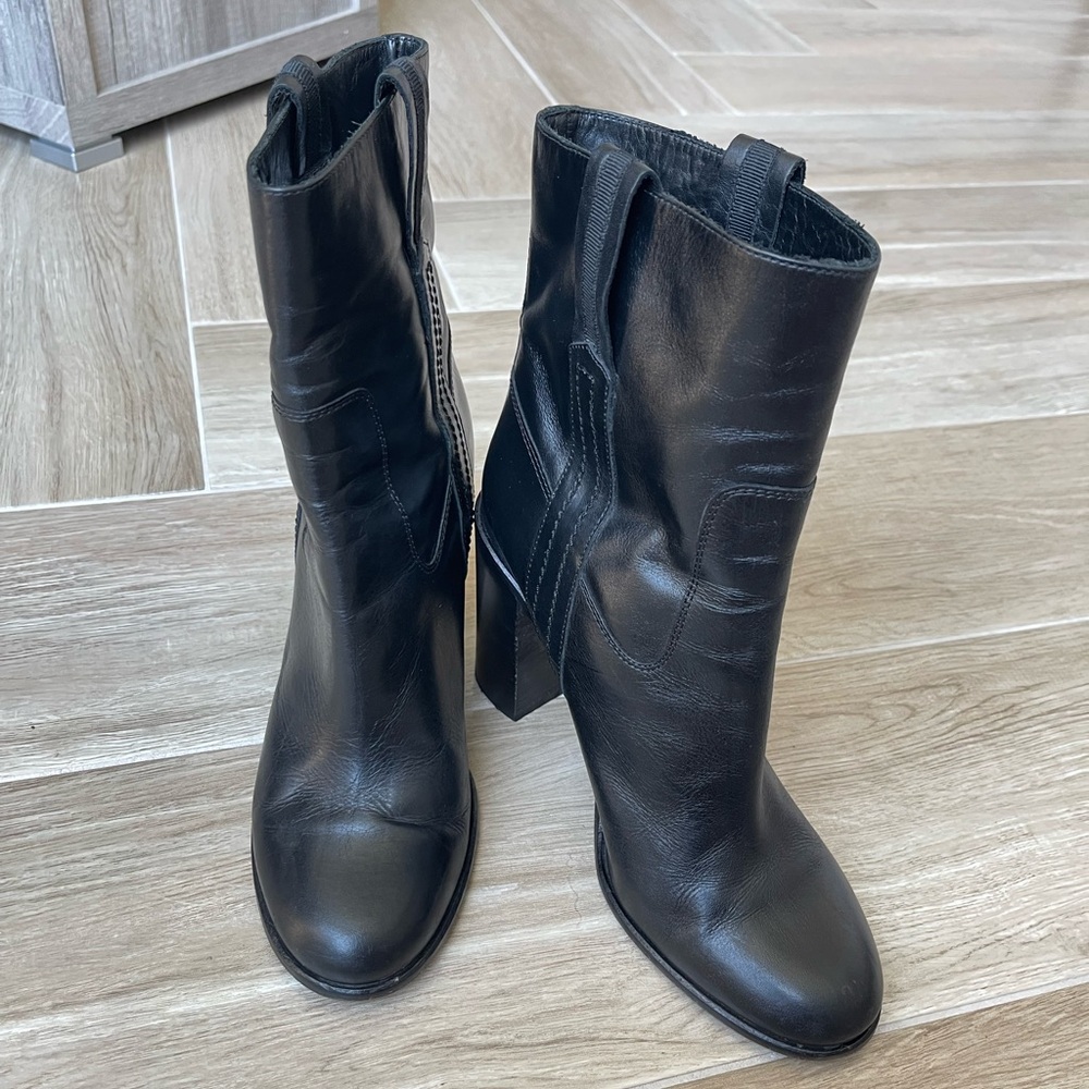Kate Spade Black Leather Stacked Heel mid Calf Ankle Boots